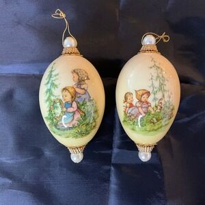 Vintage Hummel‎ Inspired Porcelain Ornaments 2 Garden Scene Christmas Coquette